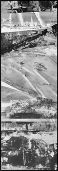 Sichtweite II, 2023, Collage Acryl Dècalcomanie Papaiere auf Leinwand, 120x40 cm