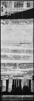 Sichtweite IV,2023, Collage Acryl Dècalcomanie Papaiere auf Leinwand, 120x40 cm