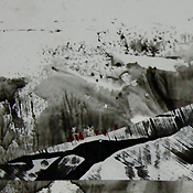 Teamworker VII, 2023, Collage Acryl Dècalcomanie Papiere auf Karton, gerahmt 30x30cm (sold)